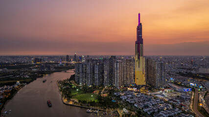 Fototapeta na wymiar Magical Sunset in Ho Chi Minh City 