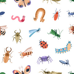 Seamless repeating pattern with cute insects. Endless kids background with happy beetles, caterpillars, ladybirds. Texture design, print funny bugs. Childish colored flat graphic vector illustration © Good Studio