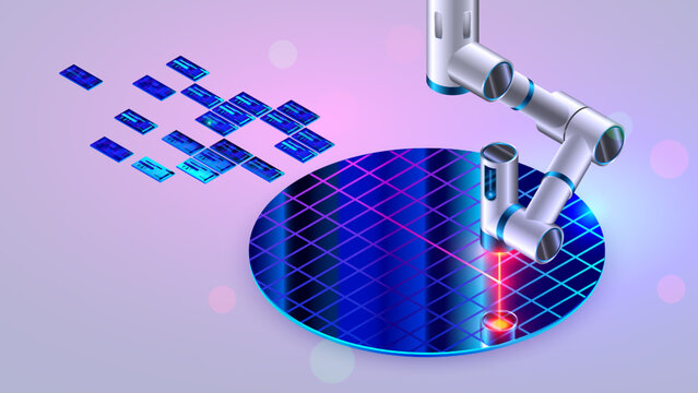 Semiconductor wafer fot manufacture microchips. Electronic technology equipment. Laser on robotic arm cutting slices chip on silicon wafer on factory. CPU production. Semiconductor crystal disc.