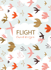 Cute pattern with flying birds in the sky with place for your text. Animal print design for greeting card, flyers, banners and posters. Vector hand-drawn background with cloud frame and birds.