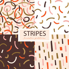 Set of seamless striped backgrounds. Vector seamless patterns with creative abstract shapes. Hand-drawn simple design for fabric or wallpaper, wrapping paper.