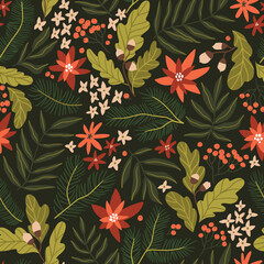 Christmas seamless pattern with poinsettia and branches, leaves and berry. Winter fabric design. Vector hand-drawn xmas print.