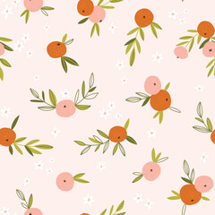 Citrus fruit seamless pattern. Vector hand-drawn orange repeat background. Tropical garden print design.