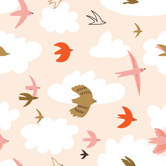 Cute seamless pattern with flying birds in the sky. Animal print design for kids fabrics. Vector hand-drawn repeat background with birds.
