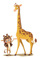 Fototapeta premium Funny illustration of little girl with giraffe