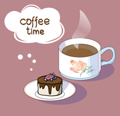 cup of coffee and a piece of cake. vector illustration