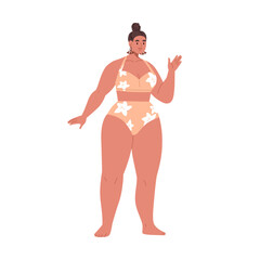 Young woman with plump fat curvy body, standing in bikini. Pretty plus-size chubby girl in swimsuit. Modern chunky female character. Flat graphic vector illustration isolated on white background