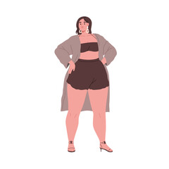 Woman with fat curvy body, plump chubby figure. Attractive plus-size girl standing bikini and heeled sandals. Stout female in swimwear. Flat graphic vector illustration isolated on white background