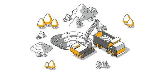 Construction vehicle at work: excavator and dump truck at earthworks. 3d isometric vector illustration