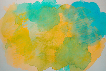 Multicolor watercolor pastel background. 
Abstract gradient blue and yellow watercolor on white background. Isolated splash color texture. Copy space for design. Watercolor brush strokes on canvas. 