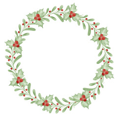 Fototapeta na wymiar Watercolor Round wreath from dry twigs and Christmas tree branches with black and red berries isolated on white background. Flt lay.