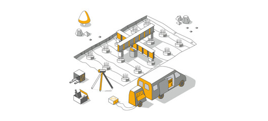 Construction vehicle at work: minivan laboratory with labware and concrete testing and measuring at quality control. 3d isometric vector illustration