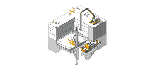 Construction vehicle at work: speedboat,  larsen sheet pile and drilling machine at shore protection process. 3d isometric vector illustration