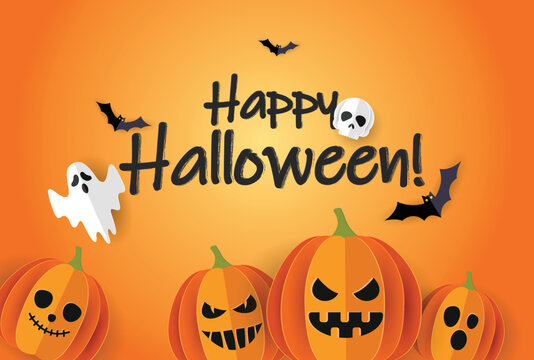 Happy Halloween banner vector. Halloween background with bats, ghosts and pumpkin in paper cut style. Orange background.