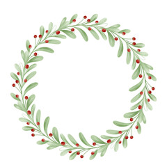 Christmas isolated wreath with fir, mistletoe, rosemary on white background. Watercolor hand drawn illustration.
