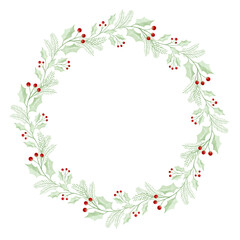 Christmas isolated wreath with fir, mistletoe, rosemary on white background. Watercolor hand drawn illustration.
