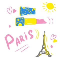 Glamor sticker with Eiffel Tower, lipstick, stars, sun, hearts. PNG illustration