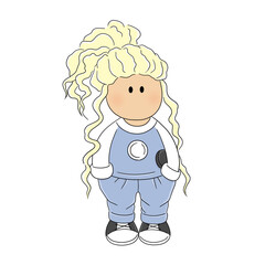 Textile doll blonde girl in a stylish tracksuit. Children's soft toy. Sewn toy. A collectible doll. Interior doll. The doll's drawing is perfect for the avatar of craftswomen, business cards, tags
