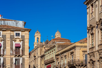 Cityscape with old buildings in Catania, Sicily - obrazy, fototapety, plakaty