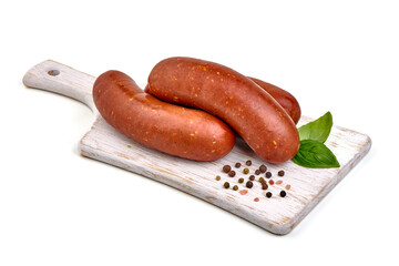 Smoked sausages, isolated on white background.