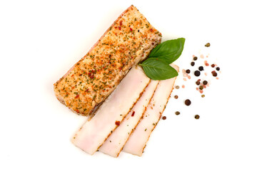Homemade smoked pork fat with spices, isolated on white background.