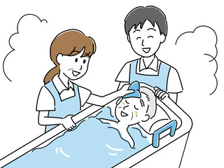 介護　高齢者の入浴介助をするイラスト