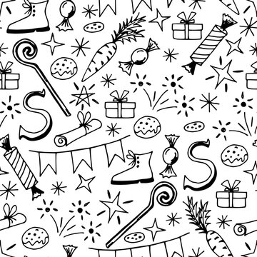 Simple hand-drawn black and white vector seamless pattern. Celebration of St. Nicholas Day, Sinterklaas. For prints of wrapping paper, gifts, textile products.