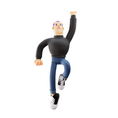 3D illustration. 3D Cool Guy image with flying pose. with one hand up and feet up. showing a cheerful smile. 3D Cartoon Character