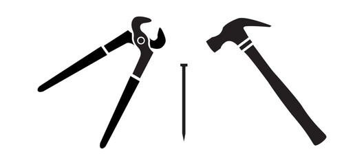 claw hammer, nail, locksmith pliers