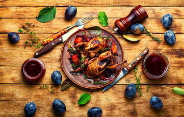 Quail stuffed with plums,top view
