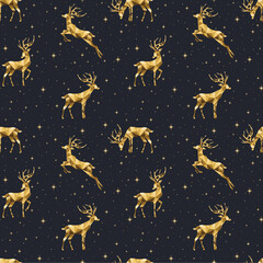 Christmas gold pattern. Seamless background with deers and constellations. Celebration design for paper, cover, fabric, interior decor and other.