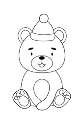 coloring book with a cute teddy bear in a Christmas hat
