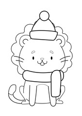 coloring book with a cute lion in a hat and scarf