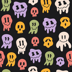 Hippie groovy melting smile faces on a black background. Funny Halloween seamless pattern. Colorful emotional icons retro print. Vector illustration