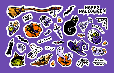 Halloween stickers set, pack. Spooky cartoon elements for October holiday. Helloween typography, decoration, pumpkin, broom, witch hat, cauldron and skull bundle. Isolated flat vector illustrations