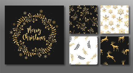 Fototapeta na wymiar Christmas and New Year's Template Set for Greeting Scrapbooking, Congratulations, Invitations, Tags, Stickers, Postcards. Seamless retro gold texture Christmas patterns. Vector illustration.