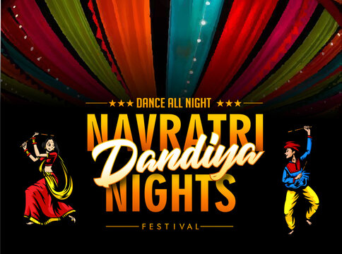 Vector design of Indian couple playing Garba in Dandiya Night Navratri Dussehra festival of India