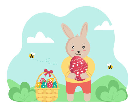 Cute Easter bunny is holding a painted egg against the background of a spring landscape. Vector illustration
