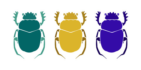 A beautiful scarab beetle, a top view of a cute insect. Vector illustration isolated on white. A symbol of the creative power of the Sun, rebirth in the afterlife. - obrazy, fototapety, plakaty
