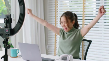 Good high up reach rate on IG reel instagram tiktok app in influencer youtuber asia woman blogger. Vlogger young girl happy win blog vlog page live rating award post insight social media channel data.