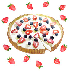 Strawberry tart, watercolor dessert illustration 