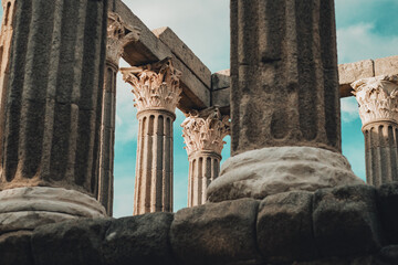 Évora, Portugal - 2022: 'Templo Romano de Évora'. Religious roman temple of Evora. UNESCO World heritage. Hexastyle and peripteran style.