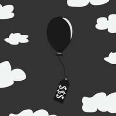 Inflation causing price rising up, overvalued stock or funds, consumer purchasing power reducing concept, air balloon tied with product price tag flying high rising up in sky.