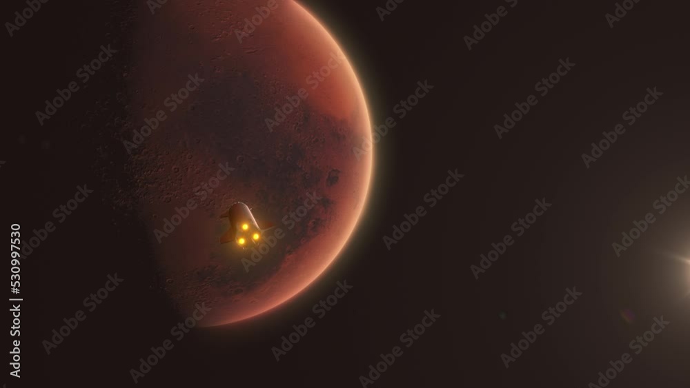 Wall mural red planet mars with space x starship approaching fast with rocket thrusters ready for landing and c