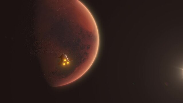 Red Planet Mars with Space X Starship Approaching Fast with Rocket Thrusters Ready for Landing and Craters and Atmosphere Visible 4K