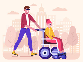Cartoon Man Pushing Disabled Woman on Wheelchair