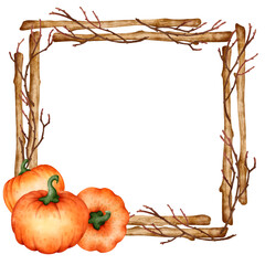 Watercolor composition frame with pumpkins and branches