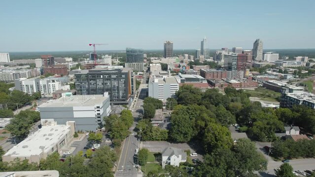 Drone shot of Downtown Raleigh North Carolina on a sunny day in the summer, aerial footage