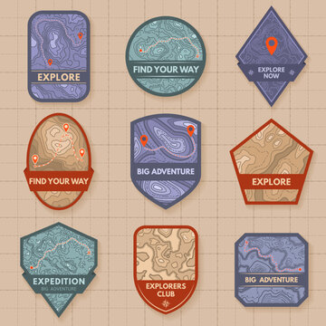 Outdoor adventure emblem. Topographic map badges, travel route planning patches and camp labels with mountain heights texture
