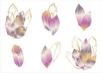 Set of colorful crystals in fantasy style with golden elements. Isolated vector illustration. Vector graphics.
